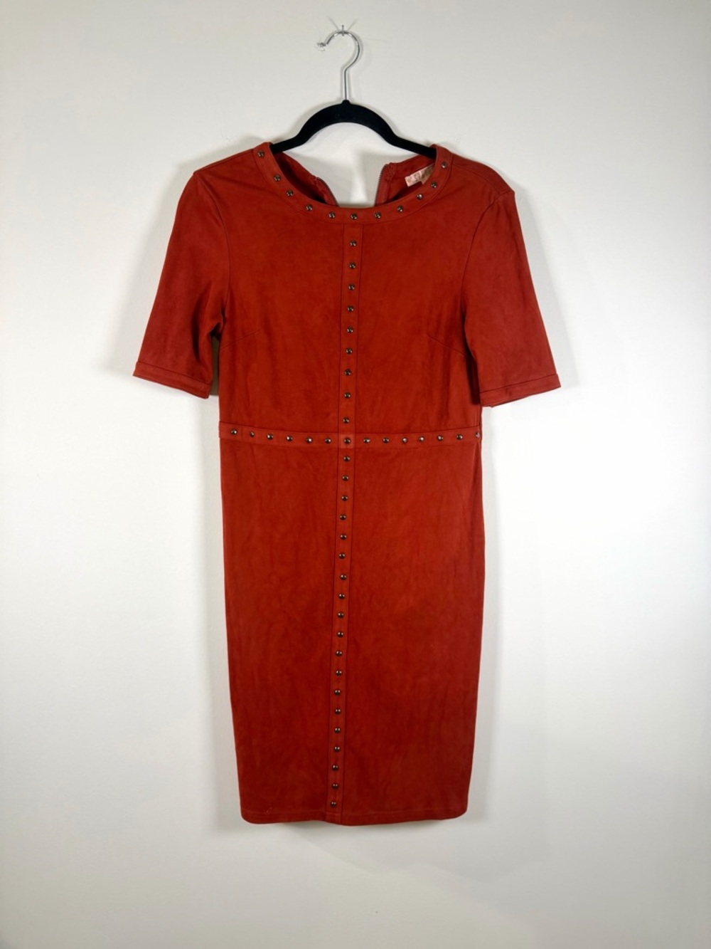 Spense Rust Suede-like Stud-Trim Midi Dress